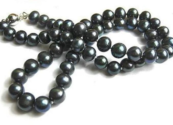 AAA Natural BLACK 8-9mm SOUTH SEA PEARL NECKLACE 18 INCH 925 SILVER