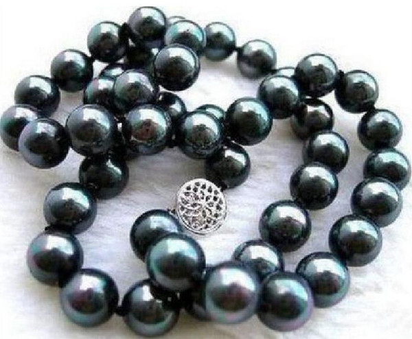 Charming 8-9mm natural south seas black green pearl necklace 18 inch 925 silver clasp