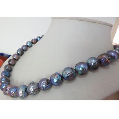 Charming 11mm tahitian black blue pearl necklace 18inch 14k gold clasp