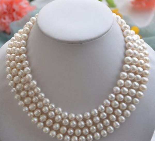 Noble 8-9mm four strands natural south seas white pearl necklace 17.5-22 inch 925 silver clasp