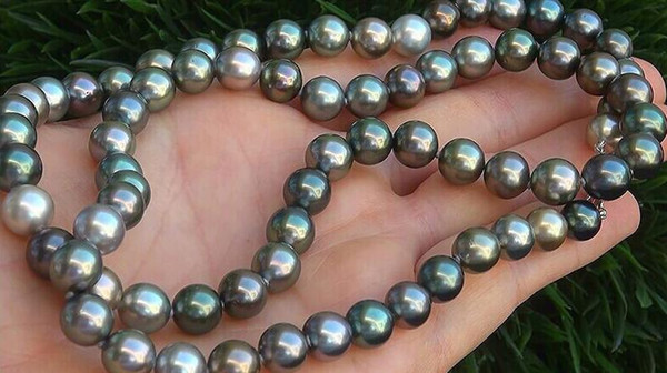 Charming 9-10mm natural tahitian gray green multicolor pearl necklace 20inch 925 silver clasp