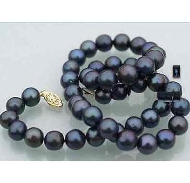 Gorgeous 9-10mm natural tahitian black pearl necklace 18inch 14k gold clasp