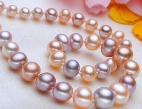 Gorgeous 9-10mm natural south seas white pink purple pearl necklace 18inch 14k gold clasp