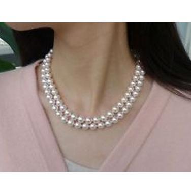 Charming double strands 8-9mm Akoya white round pearl necklace 18 inch 19 inch 14K gold clasp