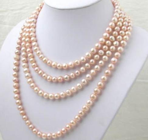 Natural AAA 7-8mm Pink Akoya Pearl Long Necklace 100 Inch 925silver Clasp