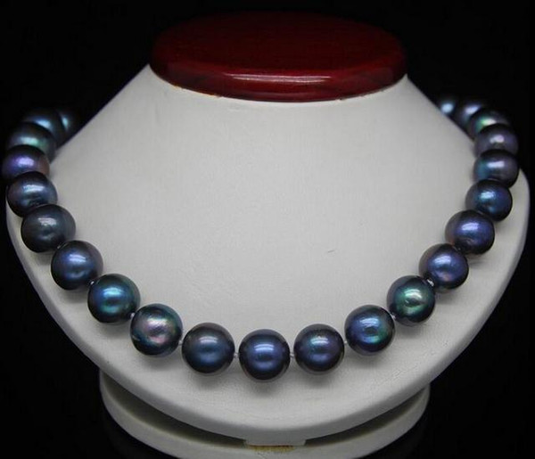 Noble 10-11mm genuine south seas black blue pearl necklace 18inch 925 silver clasp