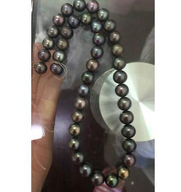 Charming 10-11mm natural black green tahitian pearl necklace 17.5inch 925 silver clasp