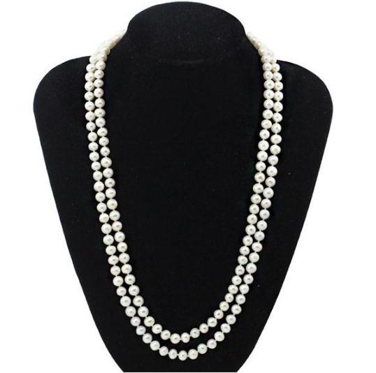 Long Pearl Necklace 7-8mm Single Strand White Natural Pearl Necklace 40 inch 925 Silver