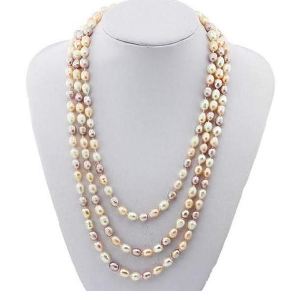 7-8mm White Pink Purple Mixed Color Rice Shape Natural Pearl Necklace 54inch Single Strand