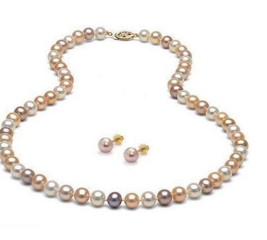 8-9mm White Pink Purple Multicolor Natural South Sea Pearl Necklace 20 inch + Earring Set 14k Gold