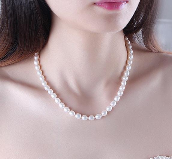 8-9mm Rice Shape Natural Pearl Necklace White Pink Purple Fashion Pearl Necklace Jewelry for Women