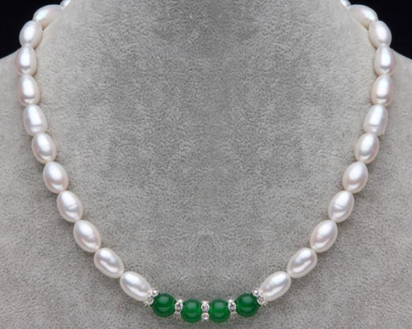 8-9mm Rice Shape White Natural Pearl Green Agate Necklace for Women 18inch 925 Silver Clasp