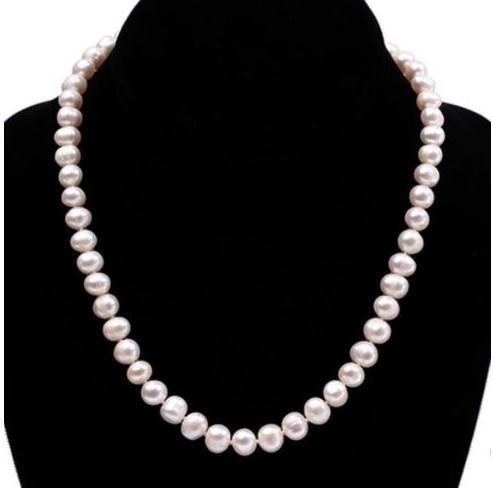 Natural White 8-9mm Freshwater Pearl Necklace 18 Inch 925 Silver Clasp