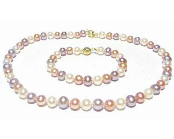 Charming 8-9mm Multi-color Pearl Necklace 18 inch 14k gold free Bracelet