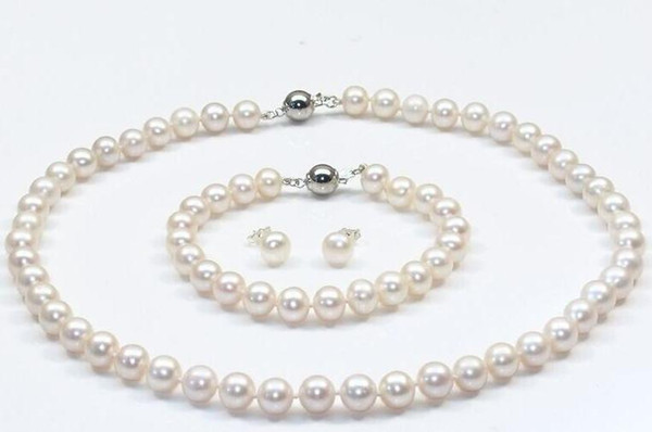 Elegant 9-10mm natural Akoya white pearl necklace 18inch 925 silver clasp free bracelet earrings