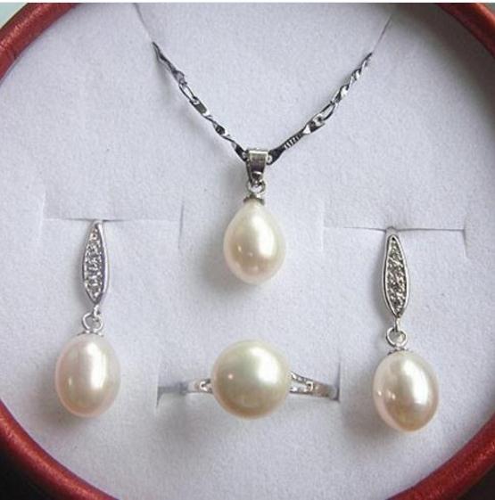 New 8-9mm Rice Shape White Natural Pearl Pendant Necklace Earring Ring Set 925 Silver Clasp