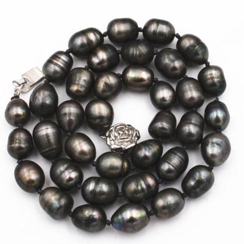 Natural 9-10mm Ttahian Rice Shape Black Pearl Necklace 18 Inch 925 Silver Clasp