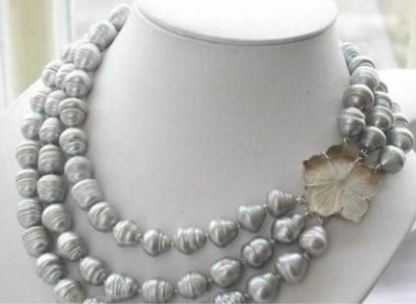 3 Row 12-13mm Natural South Sea Gray Baroque Pearl Necklace 18-20inch