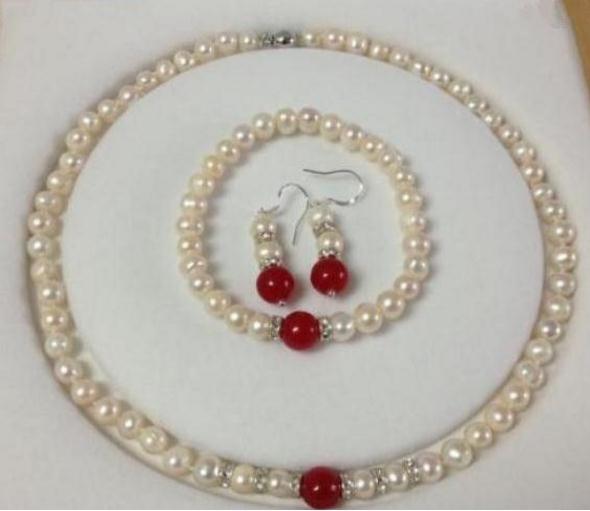 7-8mm White Natural Pearl Red Jade Necklace 18inch Bracelets 7.5inch Earrings Set 925 Silver Clasp