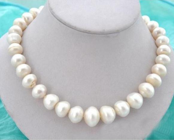 12-13mm White Natural Freshwater Pearl Necklace 18inch 925 Silver Clasp