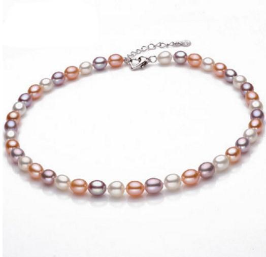 7-8mm Rice Shape White Pink Purple Mixed Color Natural Pearl Necklace 18inch for Women 925 Silver Clasp