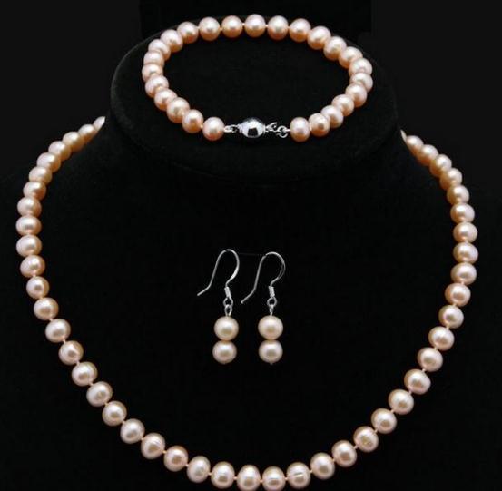 Natural 7-8mm Pink Akoya Cultured Pearl Necklace 18inch Bracelet 7.5inch Earrings Set 925 Silver Clasp