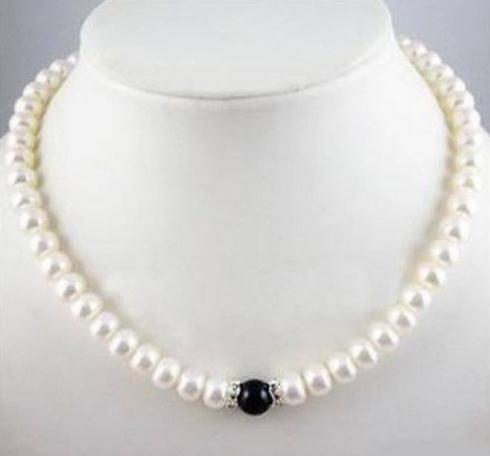 8-9mm White Natural Pearl + Black Agate Necklace 18 Inch 925 Silver Clasp