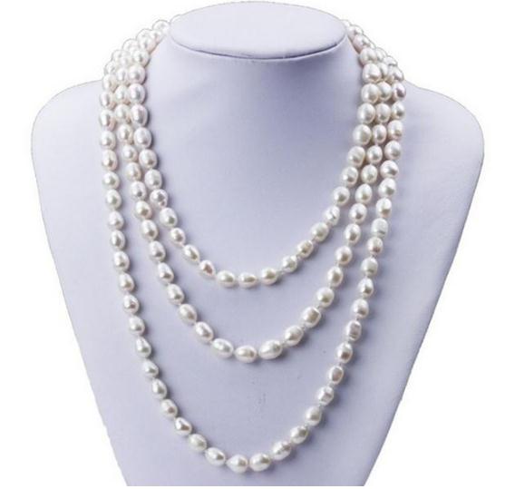 7-8mm Single Strand Rice Shape White Natural Freshwater Pearl Necklace for Woman 48inch