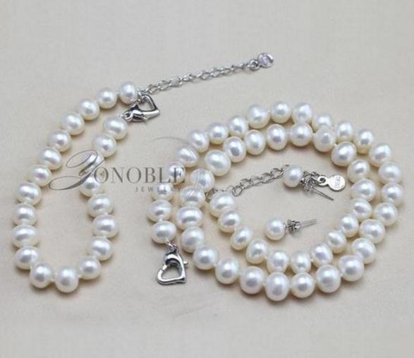 Natural 8-9mm Pearl Jewelry Set Pearl Necklace 18inch Bracelet 7.5inch Earrings 925 Silver