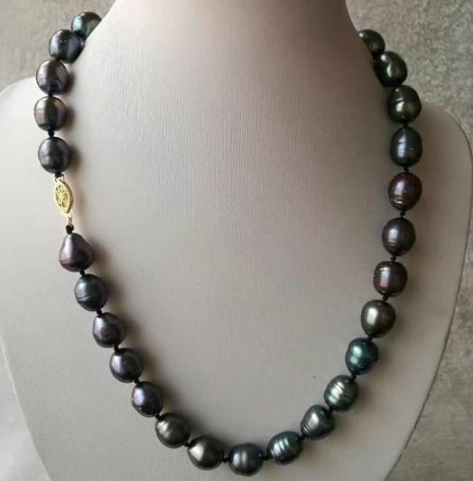 18inch 11-13mm south sea black baroque natural pearl necklace 14k gold