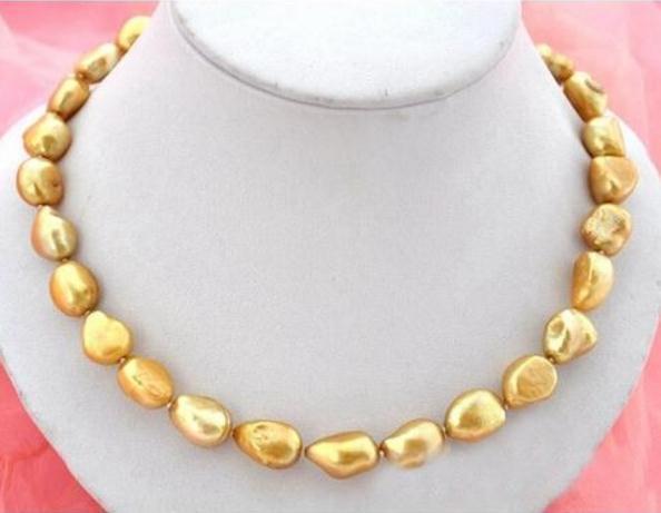 12-13mm Gold Baroque Natural Freshwater Pearl Necklace 18inch 14k Gold Clasp