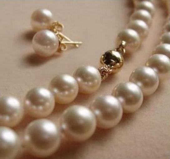 Natural 7-8mm White Tahitan Pearl Necklace 18inch + Earring 14k Gold Clasp