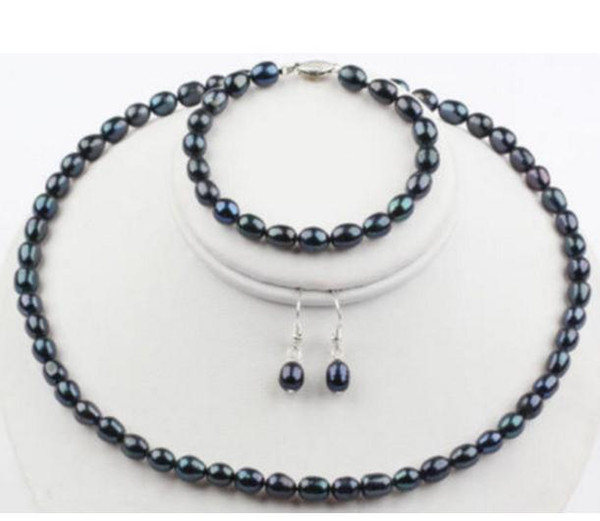 Natural 8-9mm Black Rice Shape Pearl Necklace 18 Inch Bracelet 7.5 Inch Earrings Jewelry Set 925 Silver Clasp