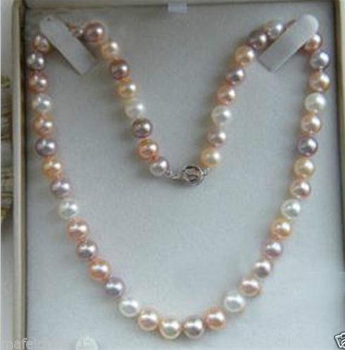 7-8mm Natural White & Pink & Purple Mixed Color Akoya Pearl Necklace 18inch 925 Silver Clasp