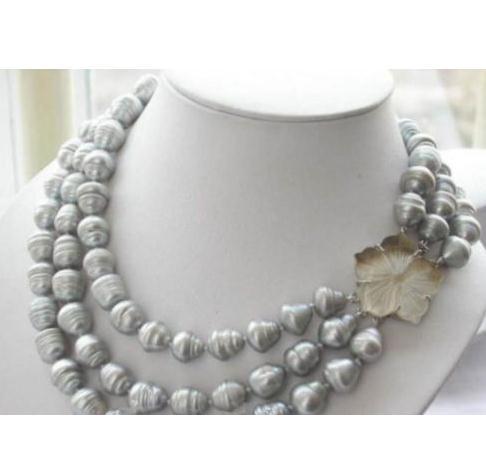 3 Strands 11-13mm Natural South Sea Gray Baroque Pearl Necklace 18-20 Inch