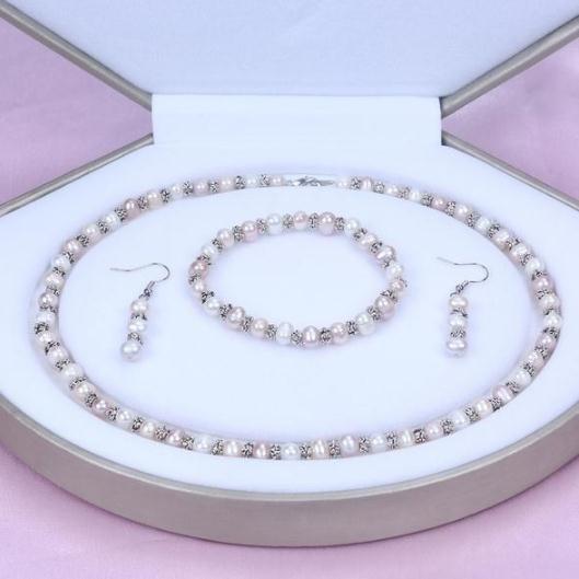 6-7mm White Natural Pearl Necklace 18inch Bracelet 7.5inch Set 925 Silver