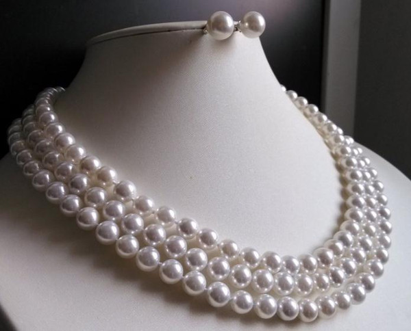 3 Rows 8-9mm White South Sea Pearl Necklace Earrings 17-19 Inch 925 Silver Clap