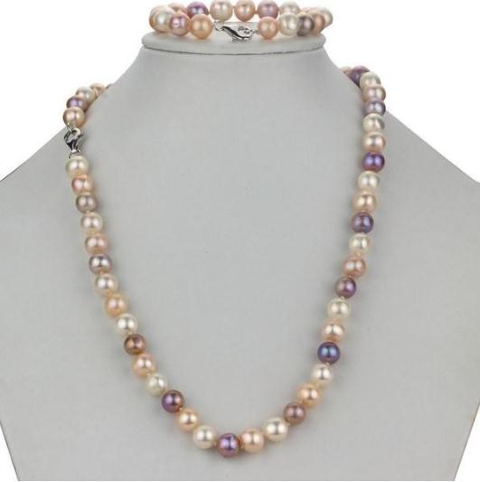 9-10mm Round White Pink Purple Mix Colour Naturel Freshwater Pearl Bracelet Necklace 18inch Brace 925 Silver Accessories