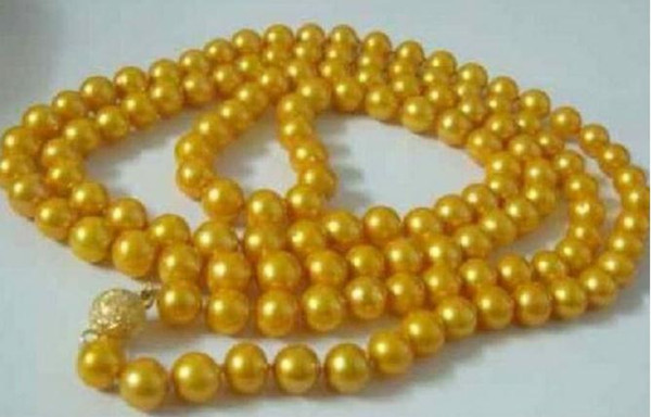 9-10mm South Sea Gold Pearl Single Strand Natural Necklace 48 Inch 14K Gold Clasp