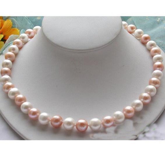 9-10mm White Pink Mixed Color Natural Pearl Necklace 18inch 925 Silver Clasp