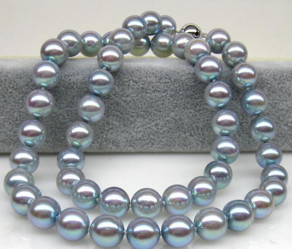 Charming 8-9mm natural Akoya gray pearl necklace 18inch 925 silver clasp