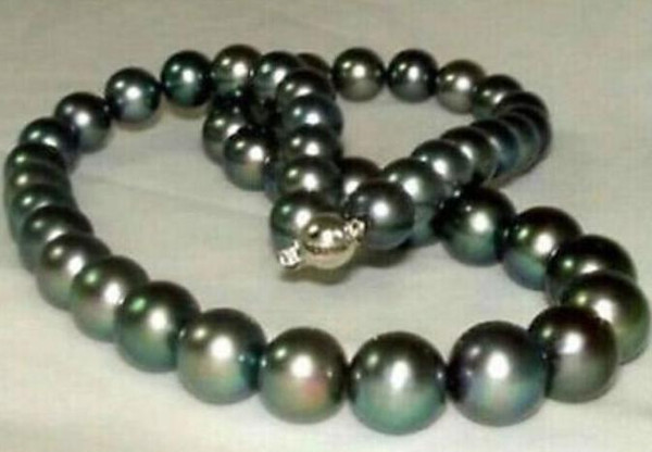 Noble 9-10mm natural south seas peacock green pearl necklace 18inch 925 silver