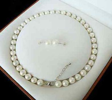 Charming 18inch 8-9mm natural south seas white pearl necklace 925 silver free earrings