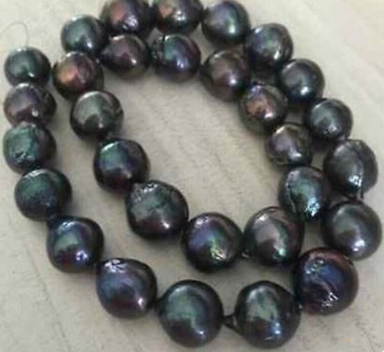 Charming Natural 12-13mm Tahitian Black Green Pearl Necklace 18inch 14k Gold