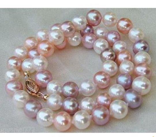 8-9mm White Purple Pink SOUTH SEA Multicolor PEARL NECKLACE 18 INCH 14k GOLD