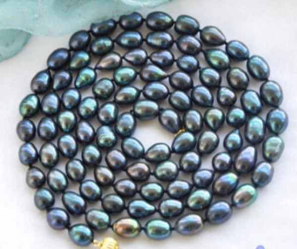 8-9mm New Tahitian Black Natural Pearl Necklace 35 Inch 14k Gold Clasp