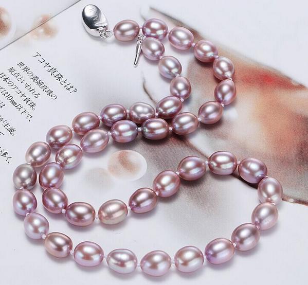 Classic natural south seas 9-10mm purple pearl necklace 18inch 925 silver clasp