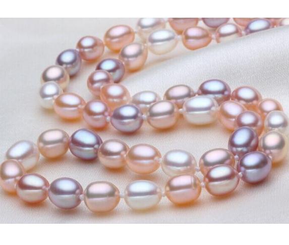 Gorgeous Natural 7-8mm South Sea White Pink Purple Pearl Necklace 18inch 14K Gold Clasp