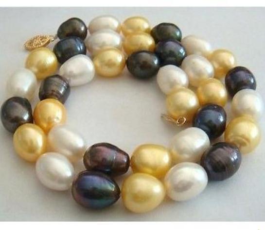 Gorgeous Natural 11-12mm Natural South Seas Black White Gold Pearl Necklace 18 Inch 14k Gold Clasp