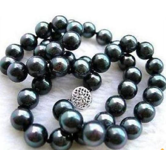 Gorgeous 8-9mm Natural South Seas Black Green Pearl Necklace 18 Inch 925 Silver Clasp